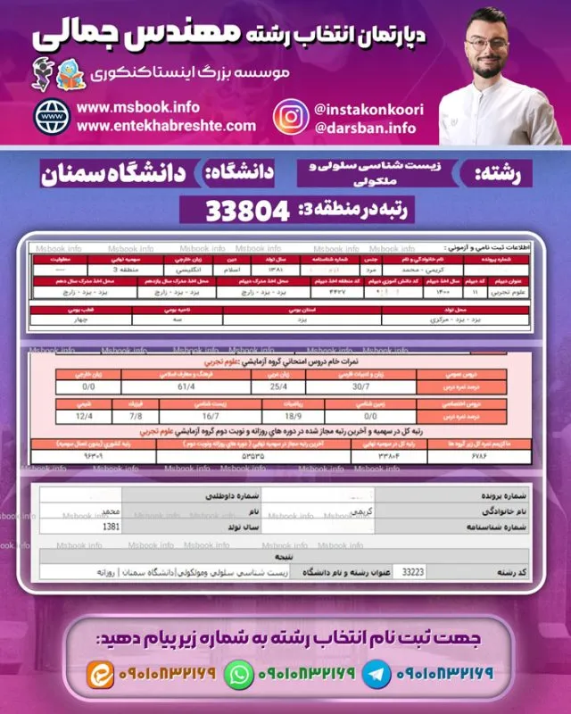 نمونه کارنامه قبولی رشته زیست شناسی دانشگاه سمنان