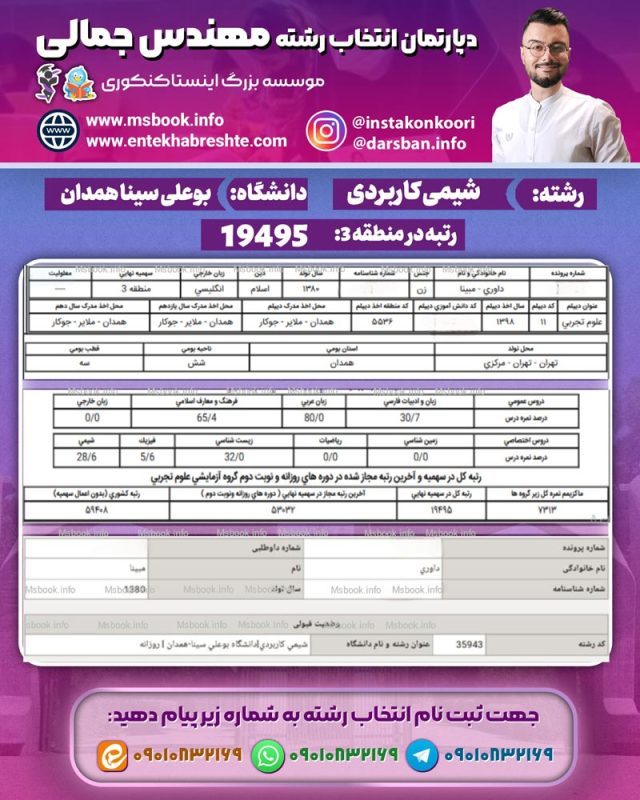 نمونه کارنامه قبولی شیمی کاربردی بوعلی سینا همدان