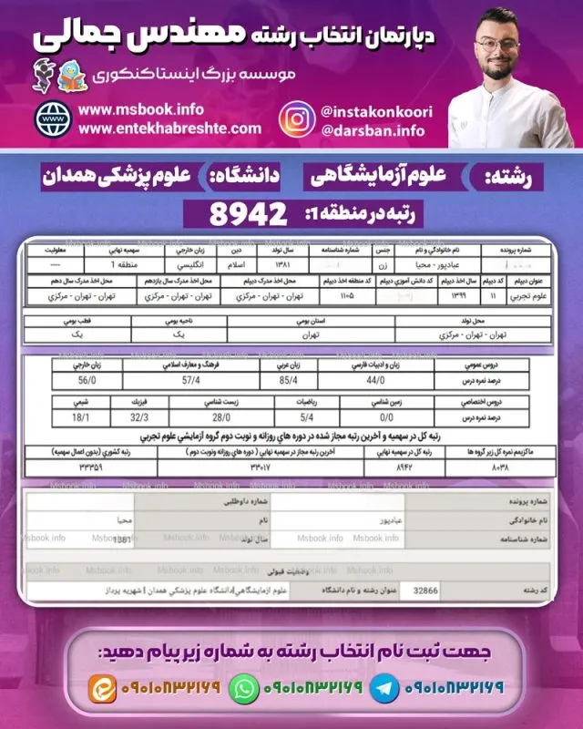 نمونه کارنامه قبولی علوم آزمایشگاهی علوم پزشکی همدان