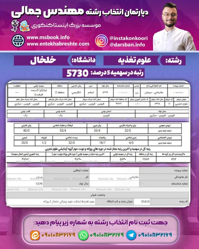 کارنامه قبولی علوم تغذیه خلخال سهمیه 5 درصد
