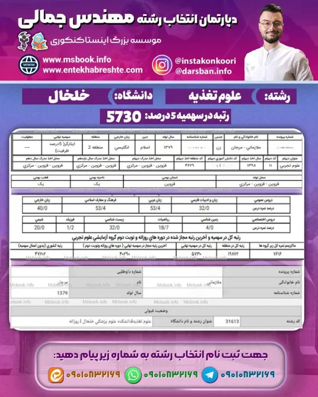 کارنامه قبولی علوم تغذیه خلخال سهمیه 5 درصد
