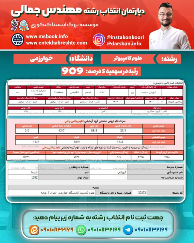 نمونه کارنامه قبولی علوم کامپیوتر دانشگاه خوارزمی