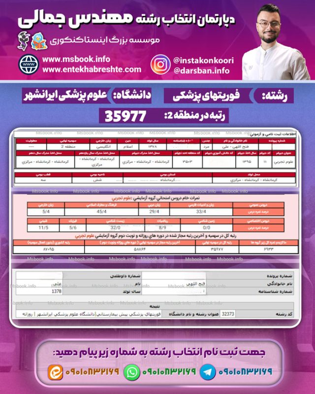 نمونه کارنامه قبولی فوریتهای پزشکی دانشگاه ایرانشهر