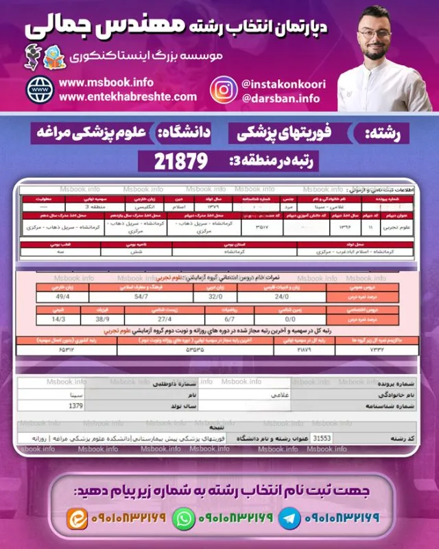 نمونه کارنامه قبولی فوریتهای پزشکی دانشگاه مراغه