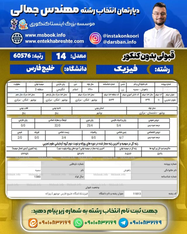 نمونه کارنامه قبولی بدون کنکور فیزیک دانشگاه خلیج فارس