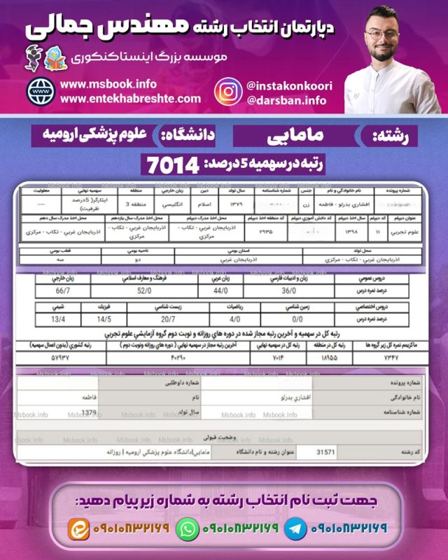 نمونه کارنامه قبولی مامایی علوم پزشکی ارومیه