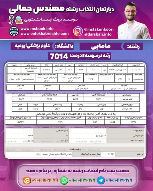 نمونه کارنامه قبولی مامایی علوم پزشکی ارومیه