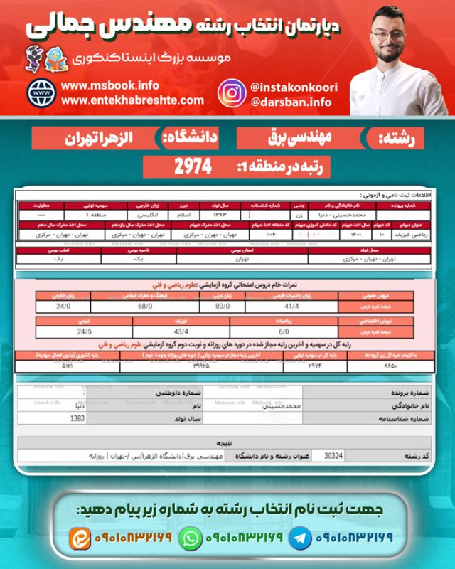 نمونه کارنامه قبولی رشته مهندسی برق دانشگاه الزهرا