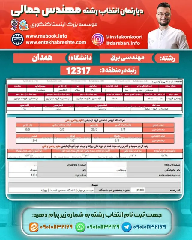 نمونه کارنامه قبولی رشته مهندسی برق دانشگاه همدان