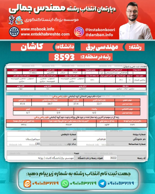 نمونه کارنامه قبولی رشته مهندسی برق دانشگاه کاشان