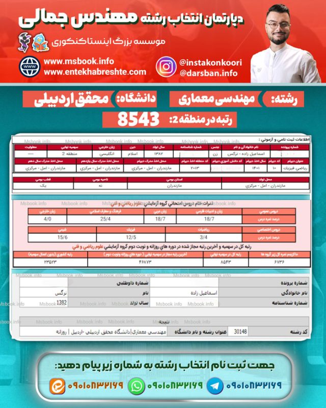 نمونه کارنامه قبولی رشته مهندسی معماری دانشگاه اردبیل