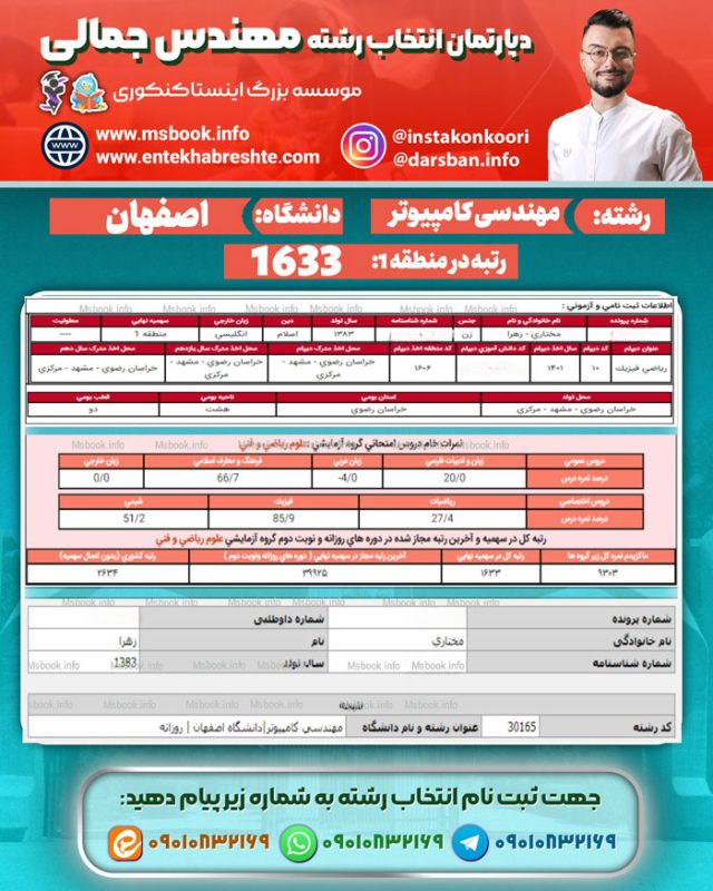 نمونه کارنامه قبولی رشته مهندسی کامپیوتر دانشگاه اصفهان